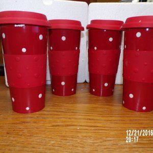 New Temptations By Tara 4 Red Polka Dot 16oz Ceramic Travel Mugs W Lids New.